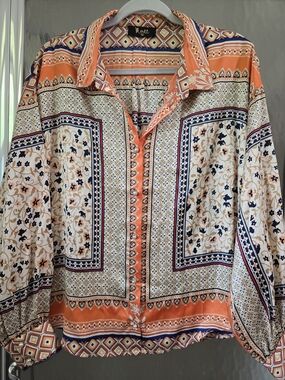 Meritt Orange and Cream Printed Button-Front Blouse